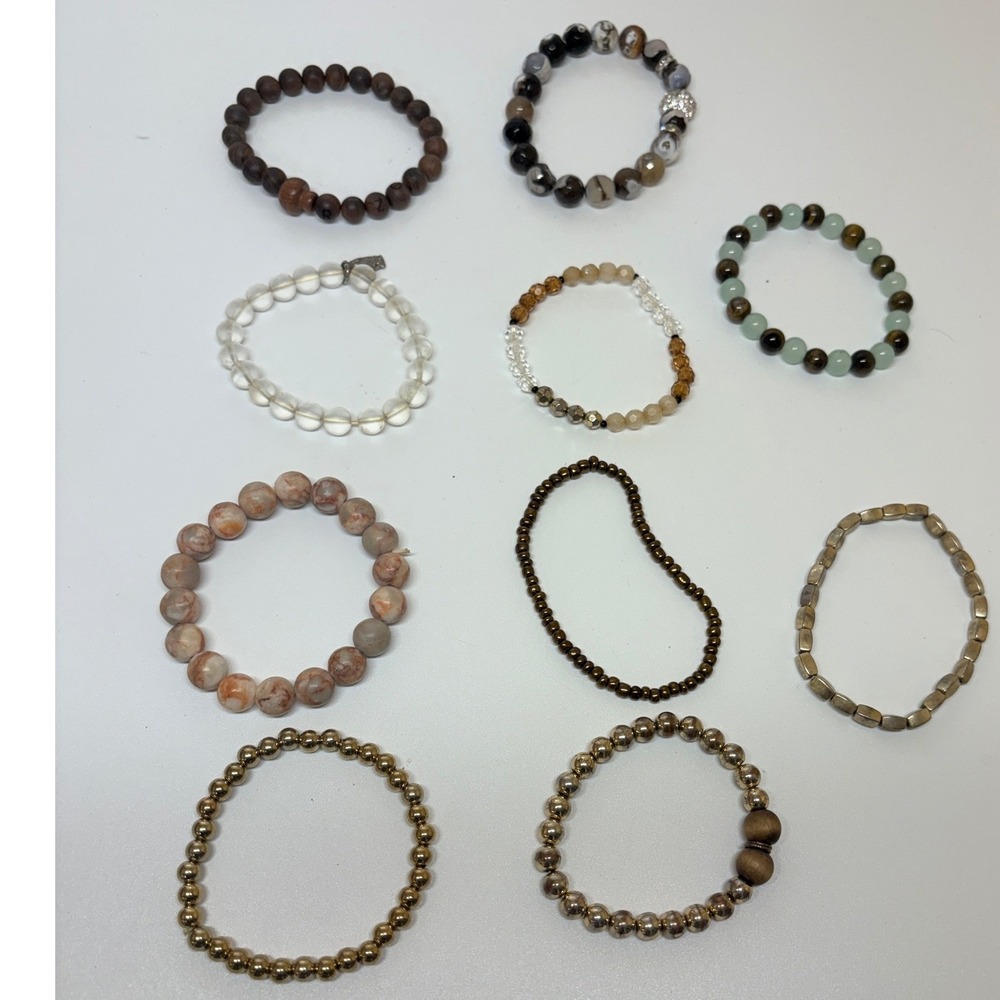 10 Piece Beaded Stretch Bracelet Set Earthy Tones Wood Stone Glass Gold Tone